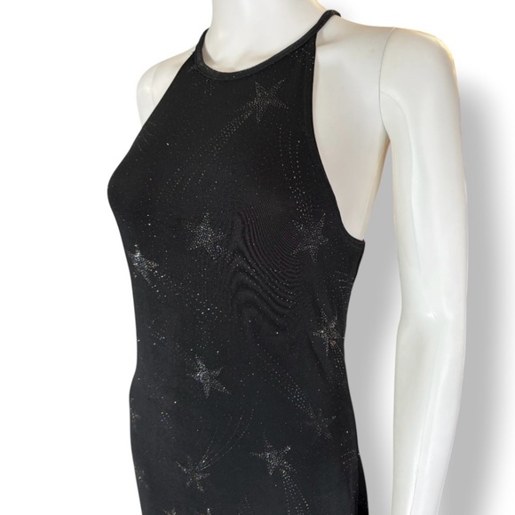VINTAGE 90’s JUMP Black Glitter Star Print Crisscross Open Back Maxi Dress 9 10 - Picture 5 of 9